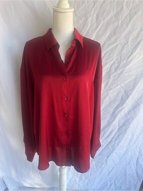 Acevog Red Satin Button-Down Blouse